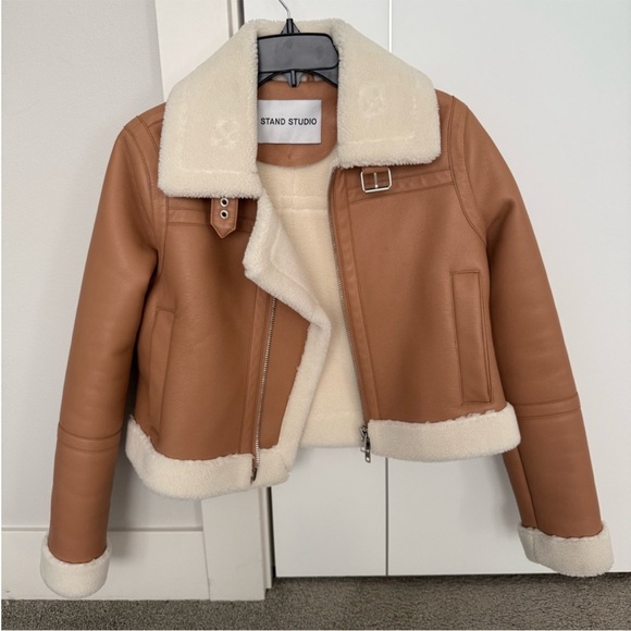 Stand Studio Tan Leather Jacket with Shearling Collar - Picture 3 of 9